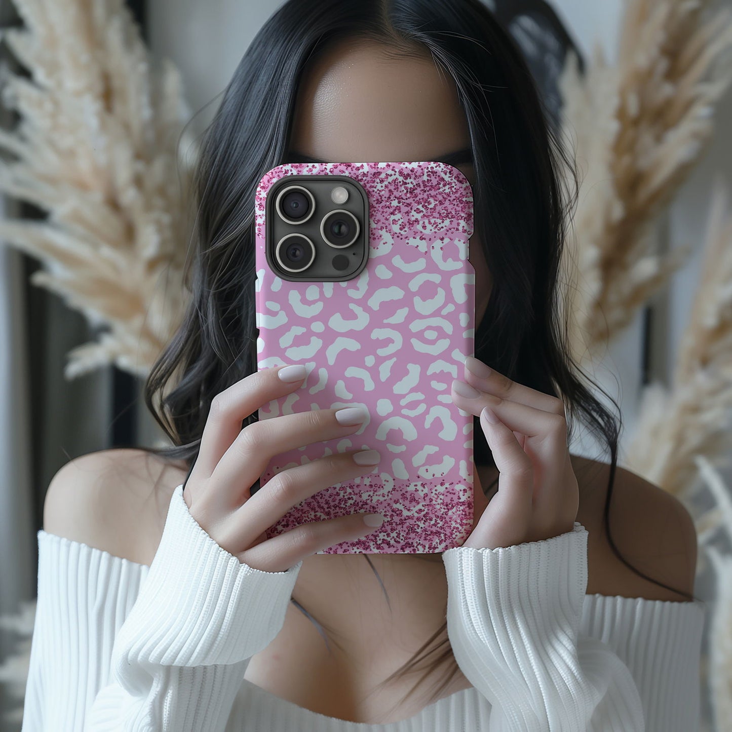 Pink and White Glittery Leopard Print Magsafe iPhone Case - Techy Treasures -