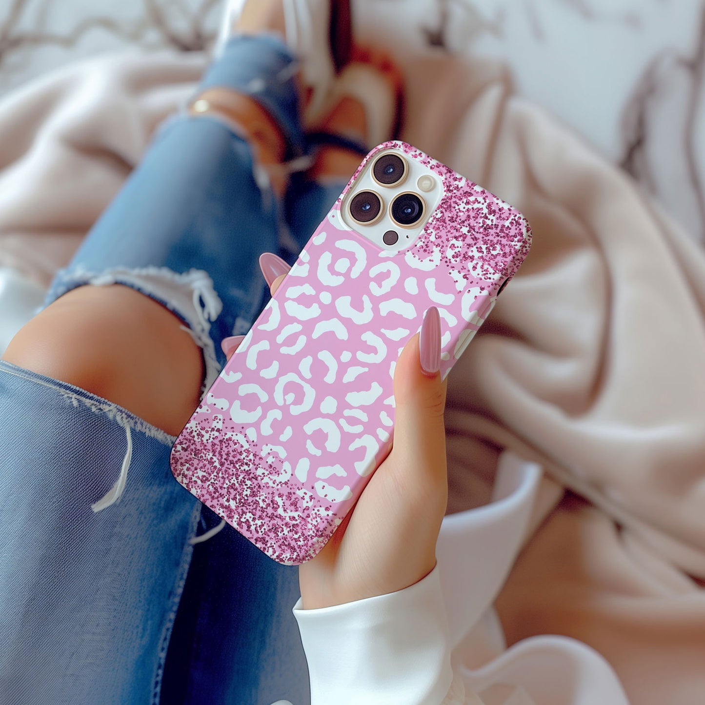 Pink and White Glittery Leopard Print Magsafe iPhone Case - Techy Treasures -