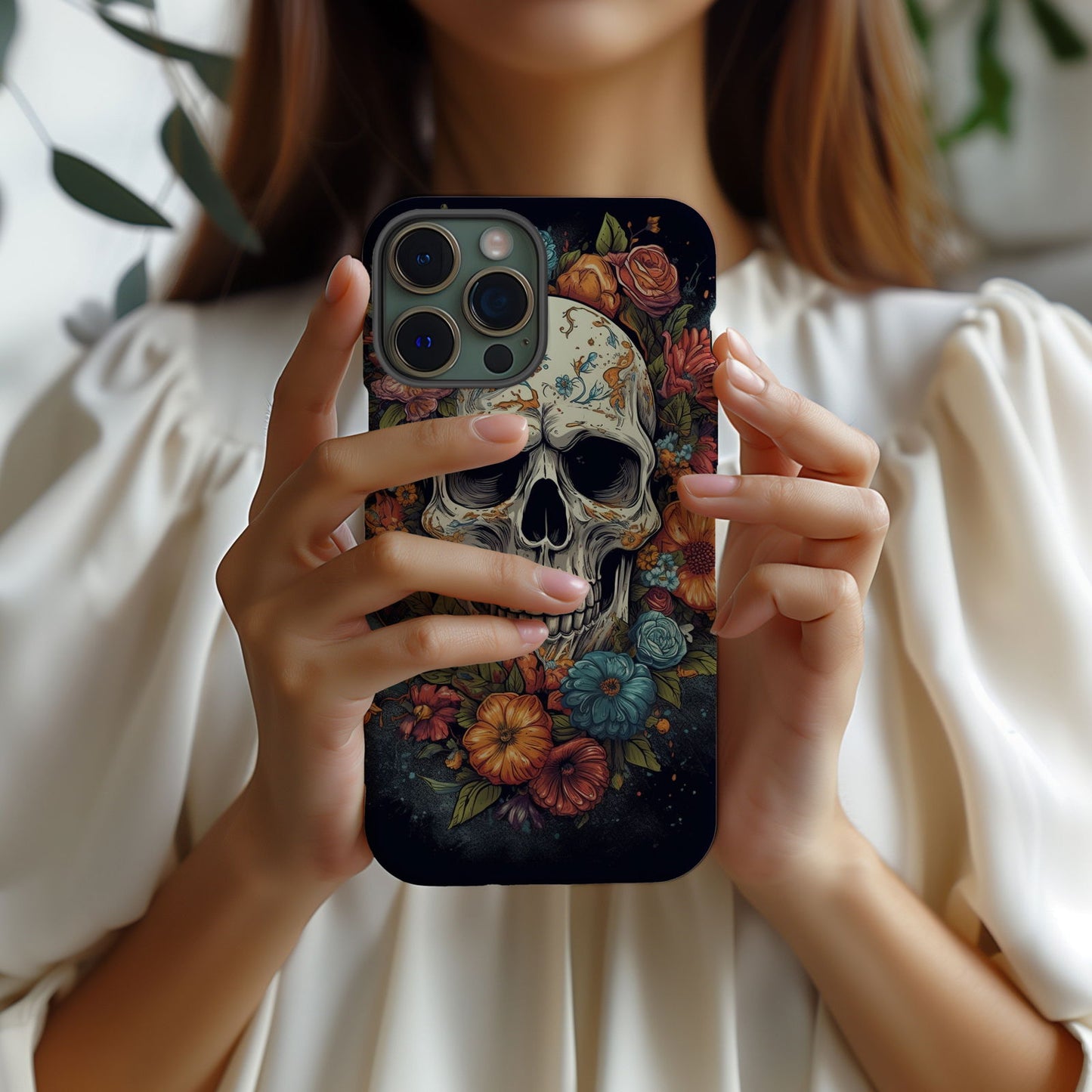 Vibrant Skull and Roses Design MagSafe iPhone Case - Techy Treasures -