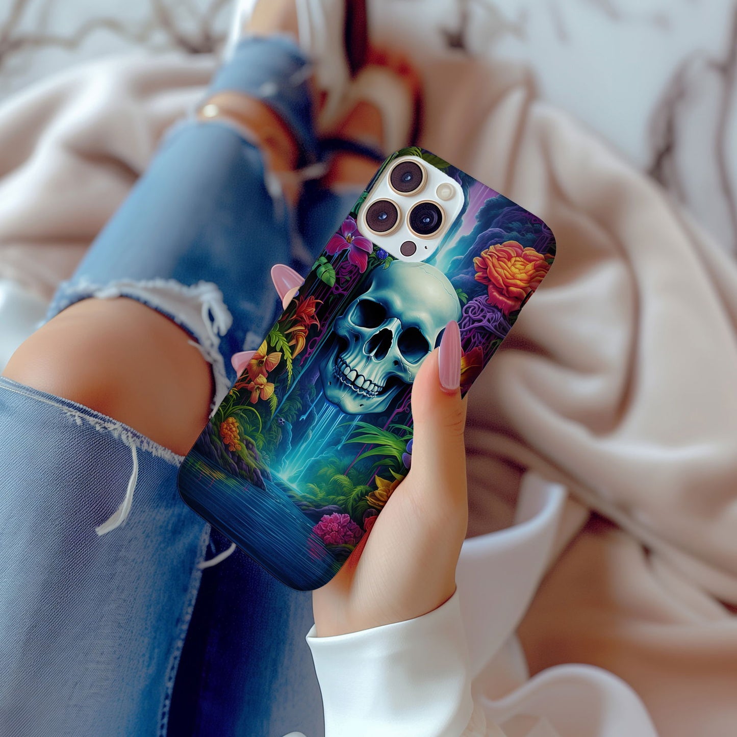 Vibrant Skull and Roses Design MagSafe iPhone Case - Techy Treasures -