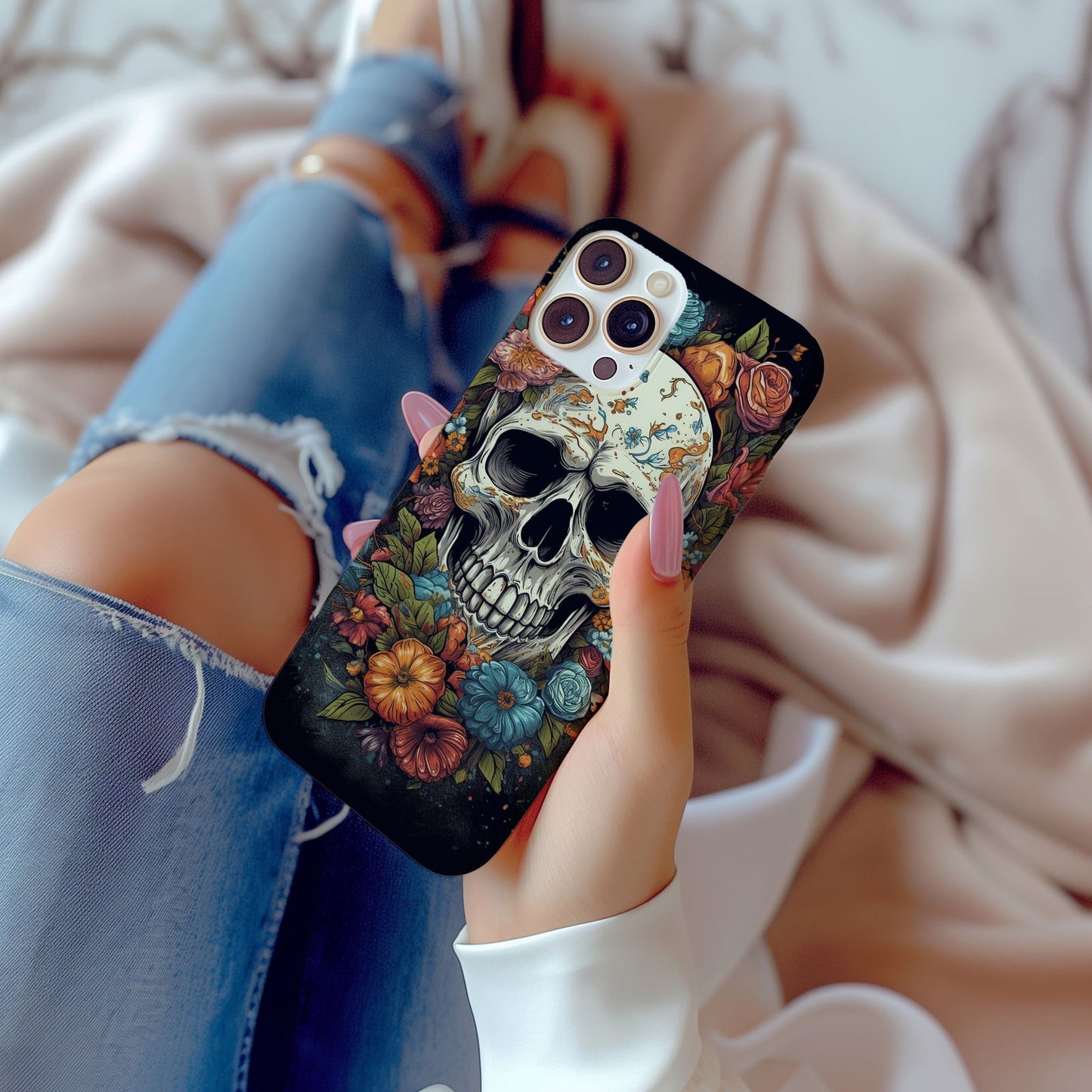Vibrant Skull and Roses Design MagSafe iPhone Case - Techy Treasures -