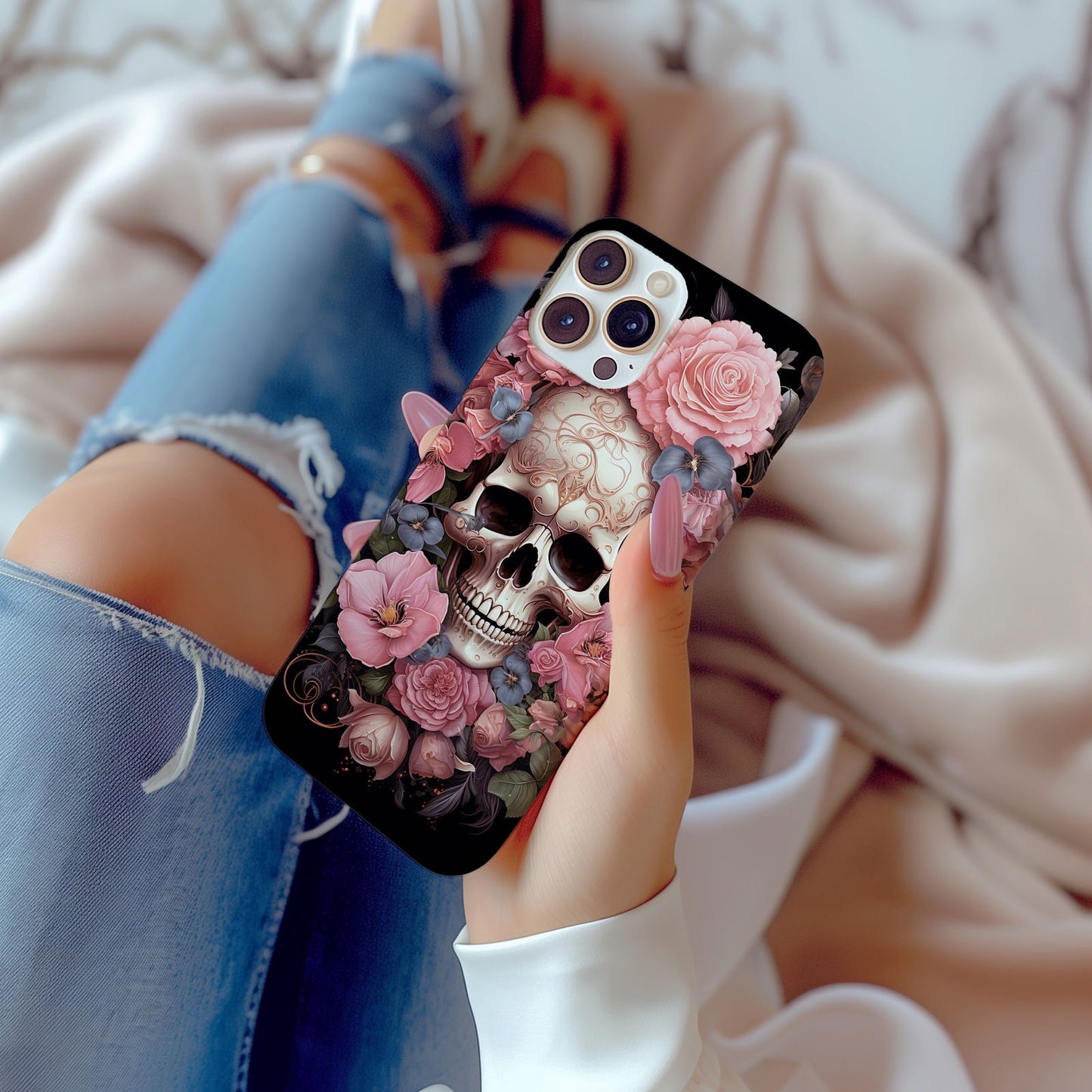 Vibrant Skull and Roses Design MagSafe iPhone Case - Techy Treasures -