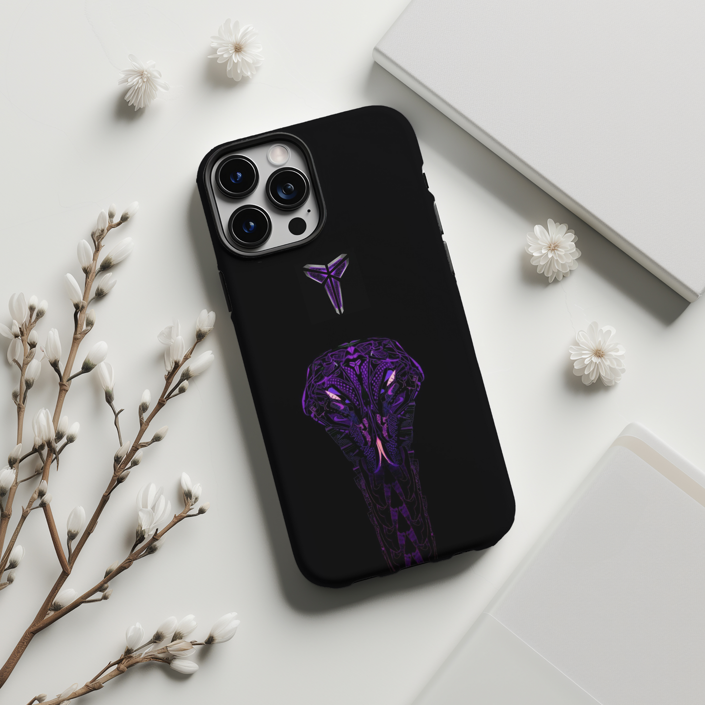 a phone case with a purple design on it