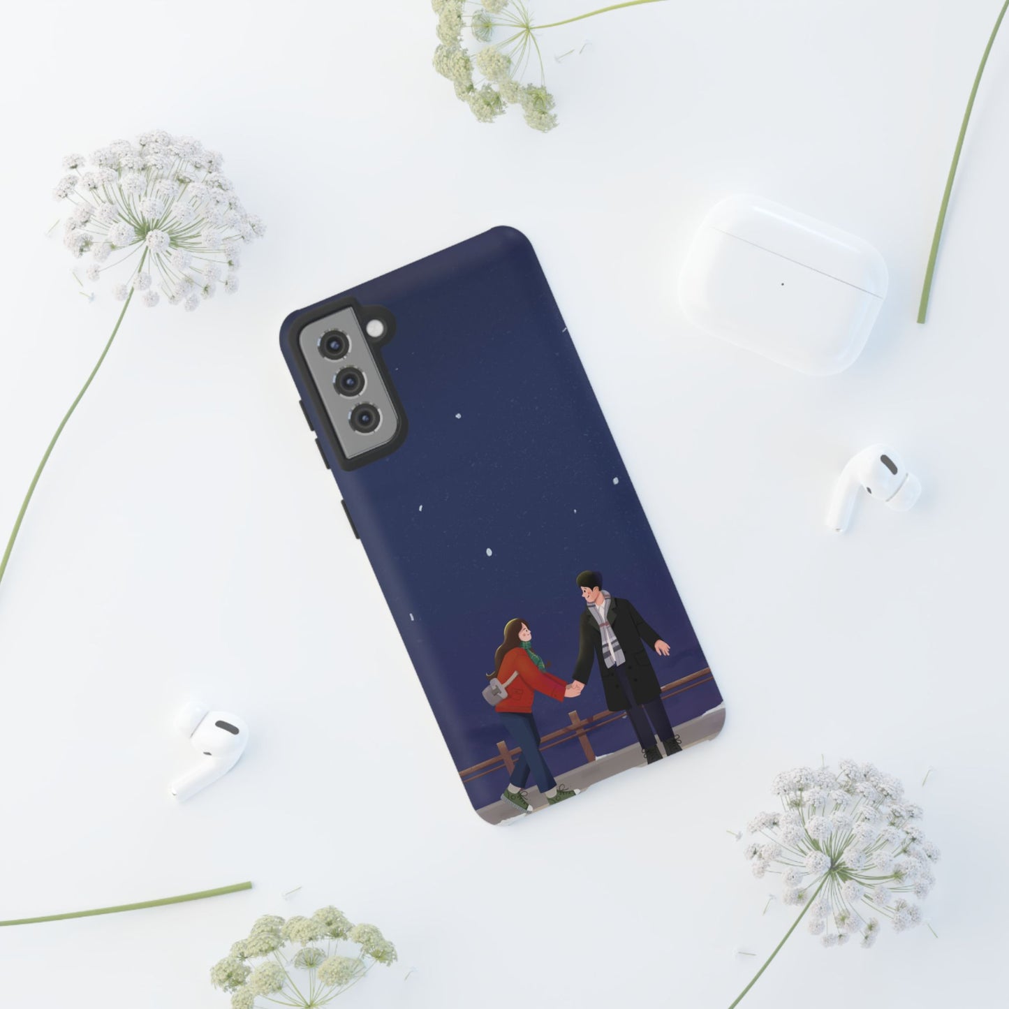 Blue Illustrated Couple and Night Sky Phone Case
