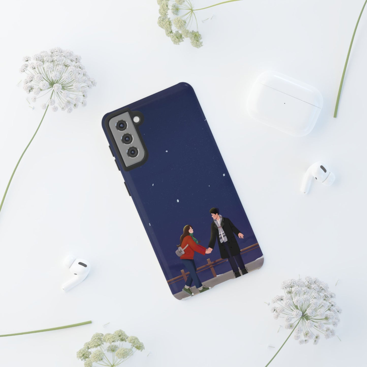 Blue Illustrated Couple and Night Sky Phone Case