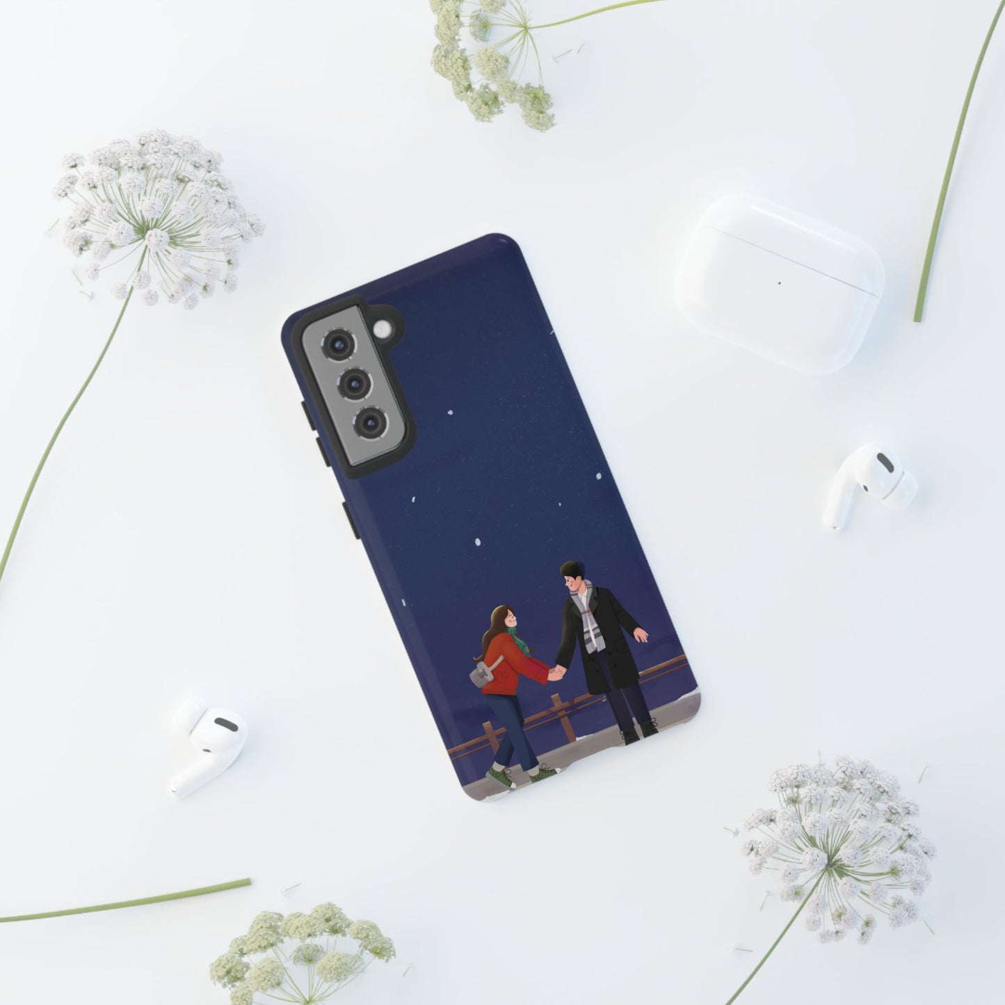 Blue Illustrated Couple and Night Sky Phone Case