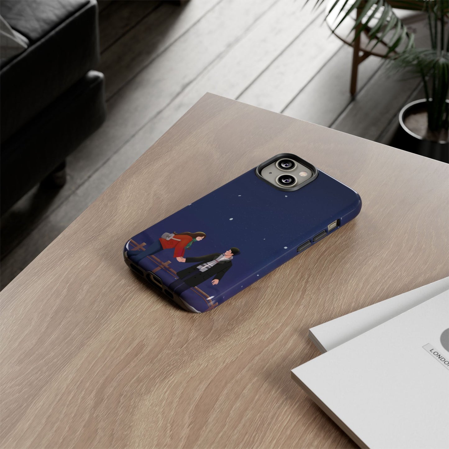 Blue Illustrated Couple and Night Sky Phone Case