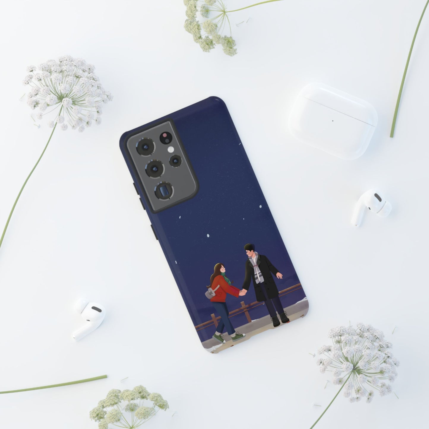 Blue Illustrated Couple and Night Sky Phone Case