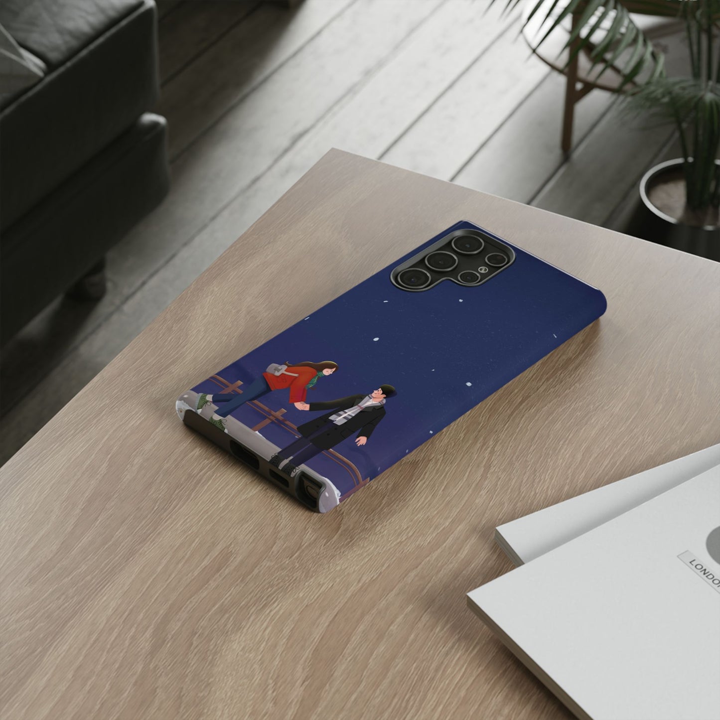 Blue Illustrated Couple and Night Sky Phone Case