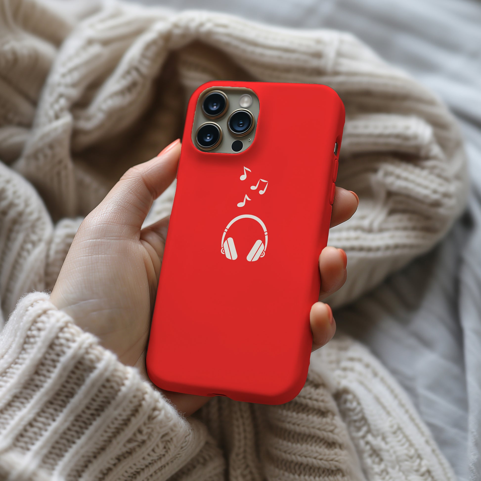 a person holding a red phone case with headphones on it