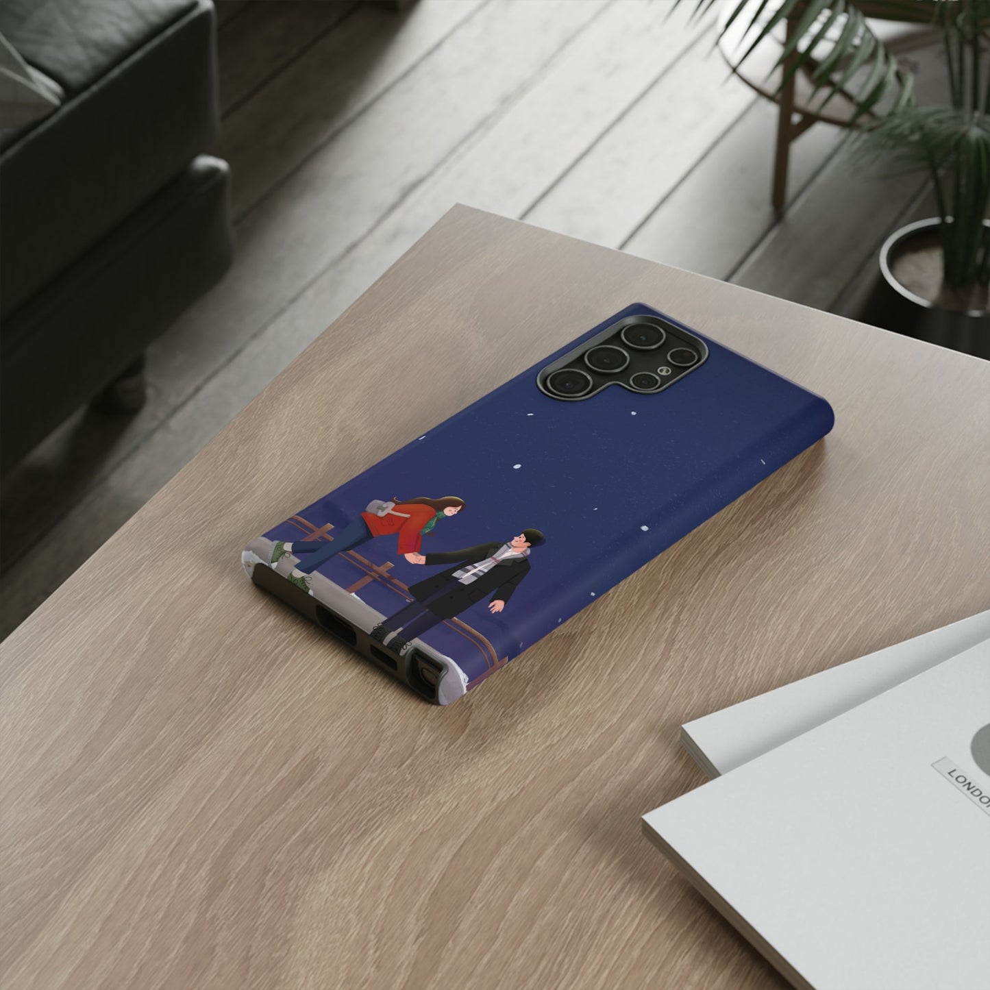 Blue Illustrated Couple and Night Sky Phone Case