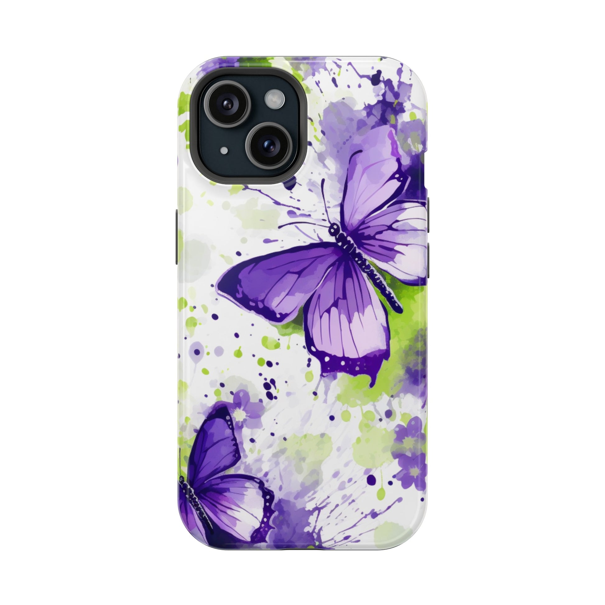 a person holding up a phone case with purple butterflies on it