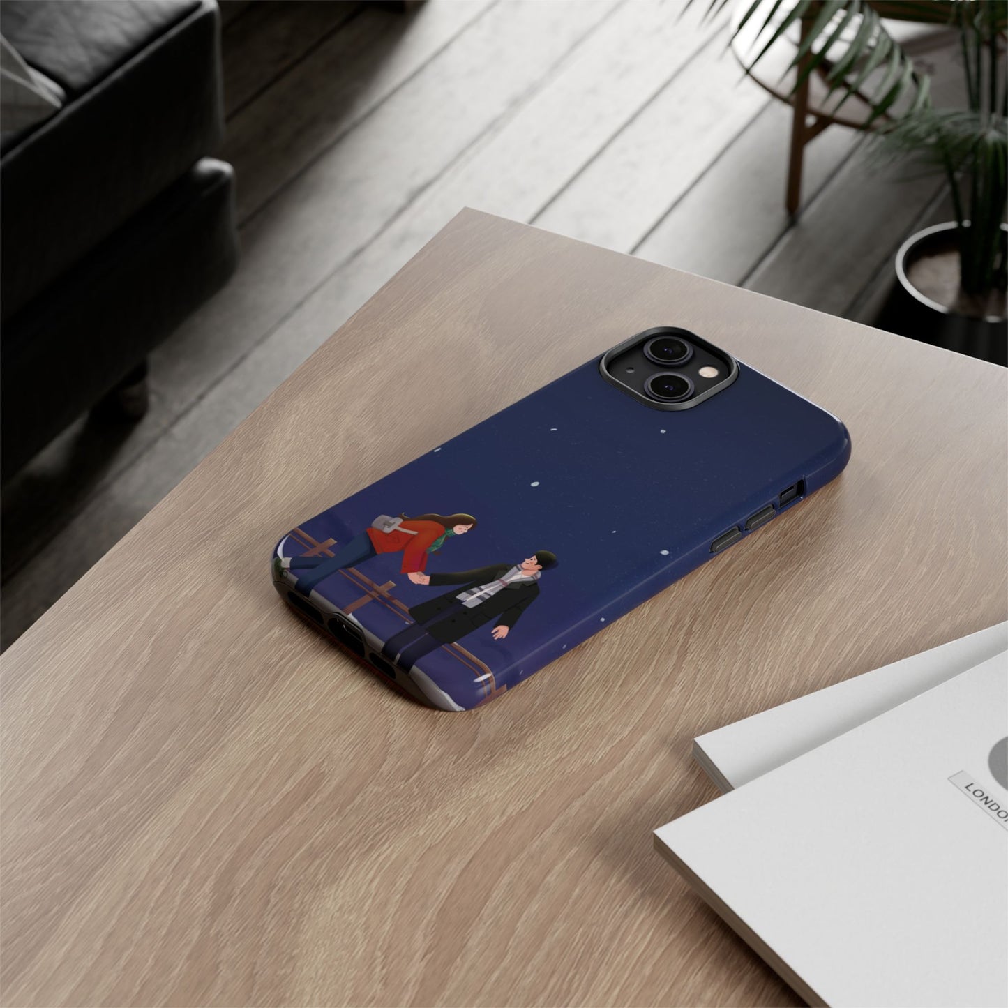Blue Illustrated Couple and Night Sky Phone Case