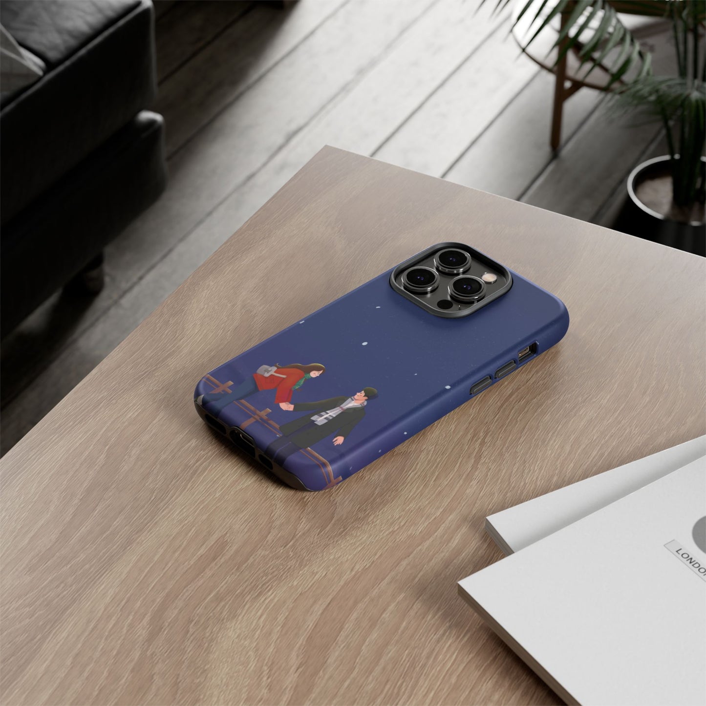 Blue Illustrated Couple and Night Sky Phone Case