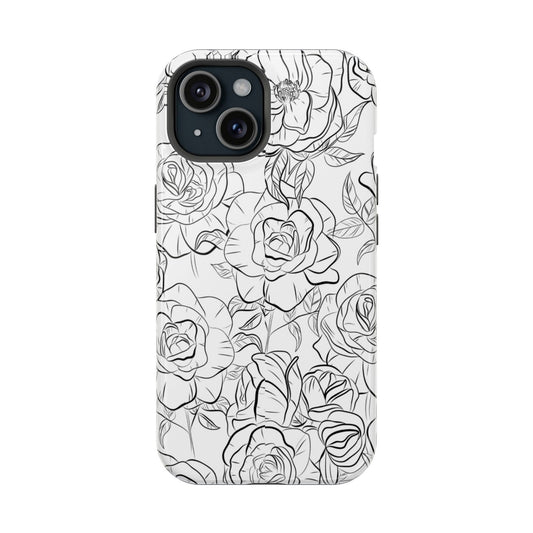 Black and White Rose Hand-Drawn Magsafe iPhone Case - Techy Treasures - Mobile Phone Cases 