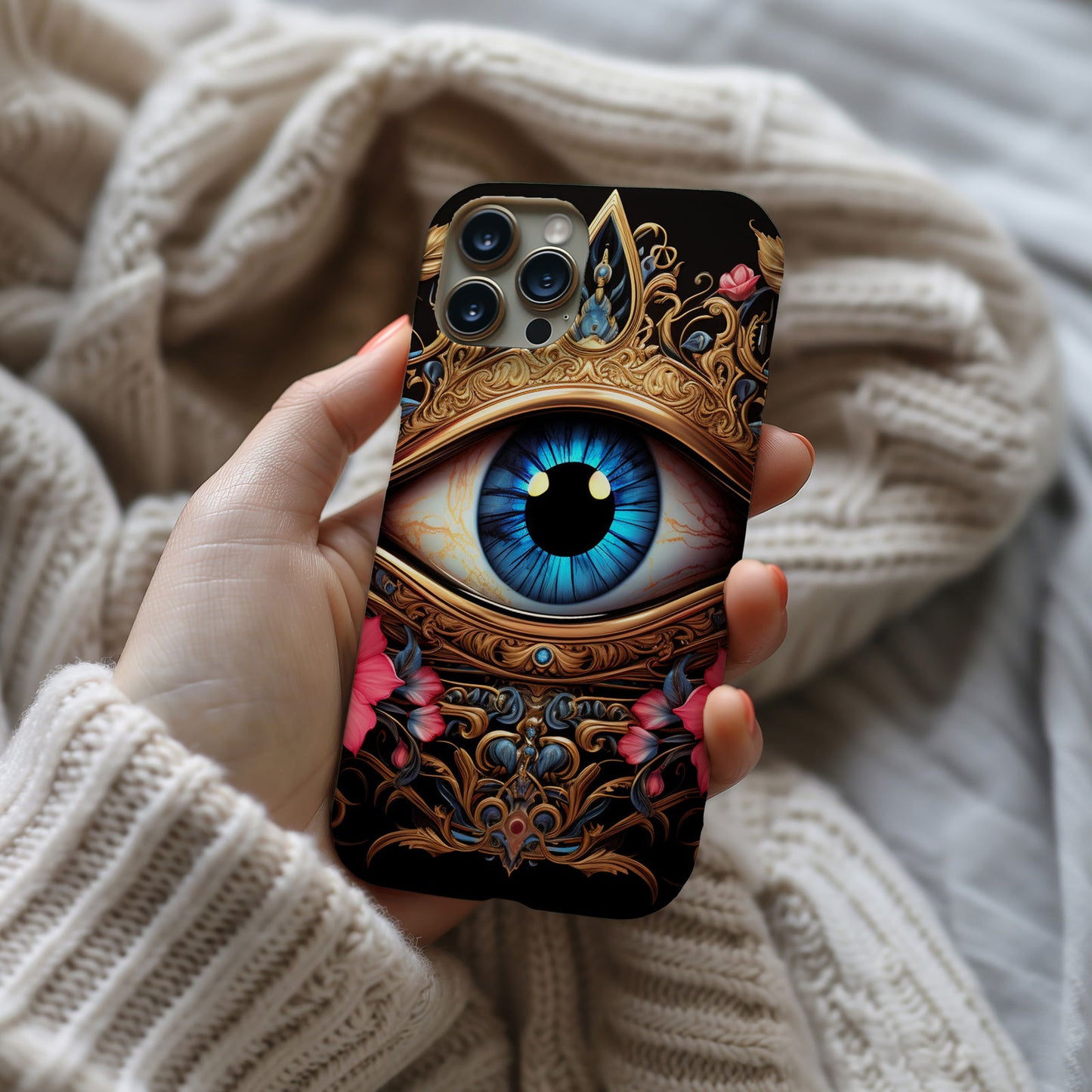 Ornate Eye Golden Crown, a Blue Iris and Pink Flowers - Techy Treasures -  