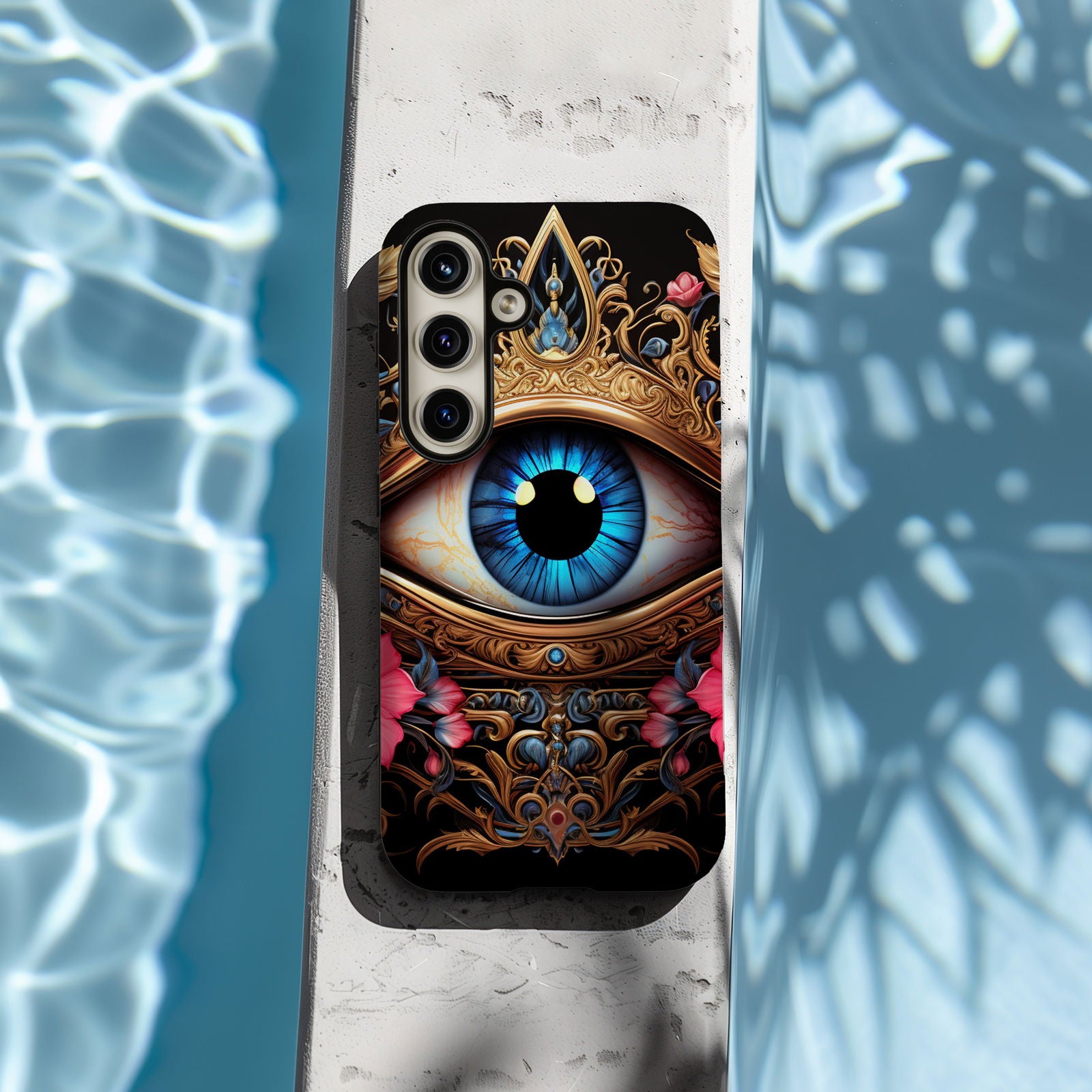 Ornate Eye Golden Crown, a Blue Iris and Pink Flowers - Techy Treasures -  