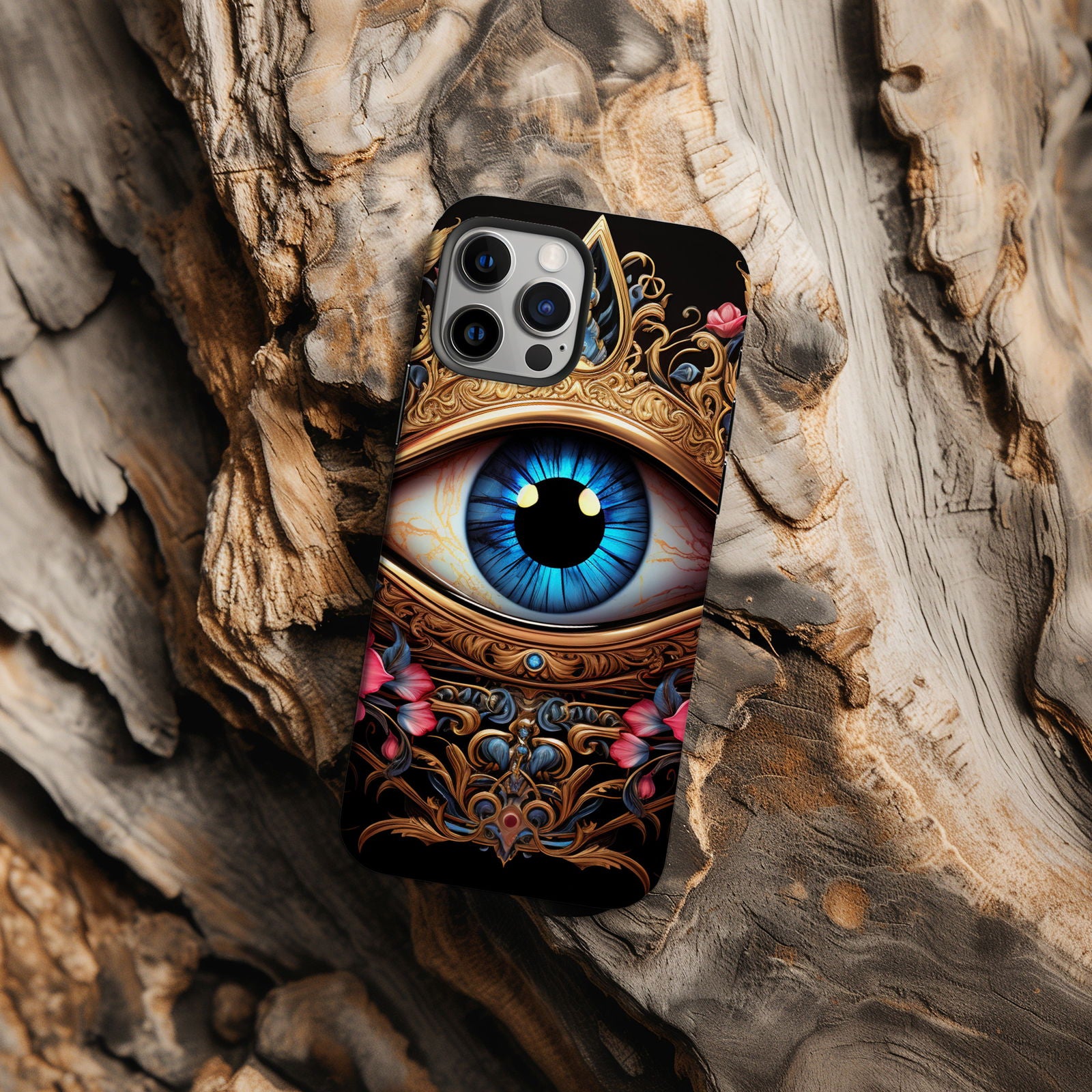 Ornate Eye Golden Crown, a Blue Iris and Pink Flowers - Techy Treasures -  