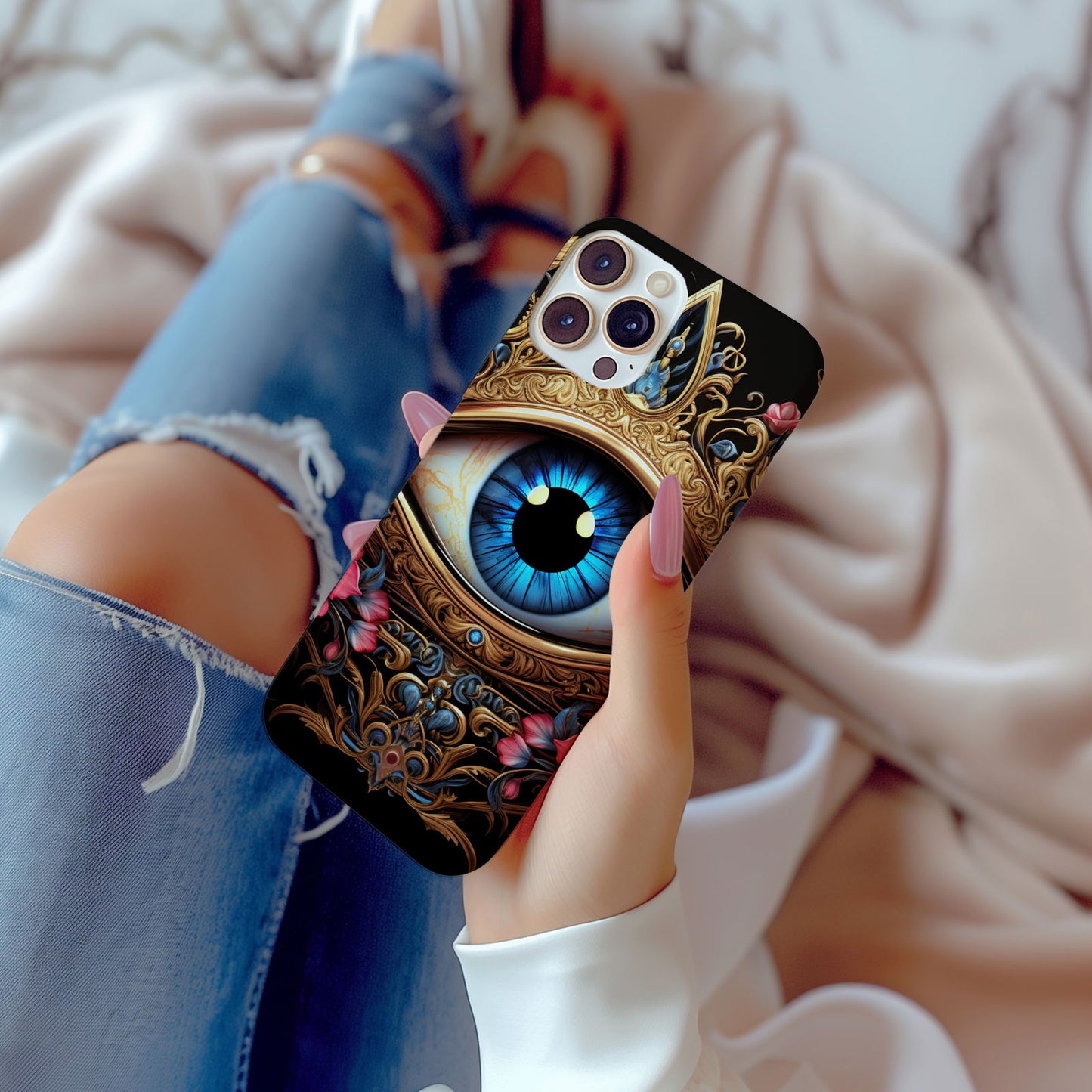 Ornate Eye Golden Crown, a Blue Iris and Pink Flowers - Techy Treasures -  