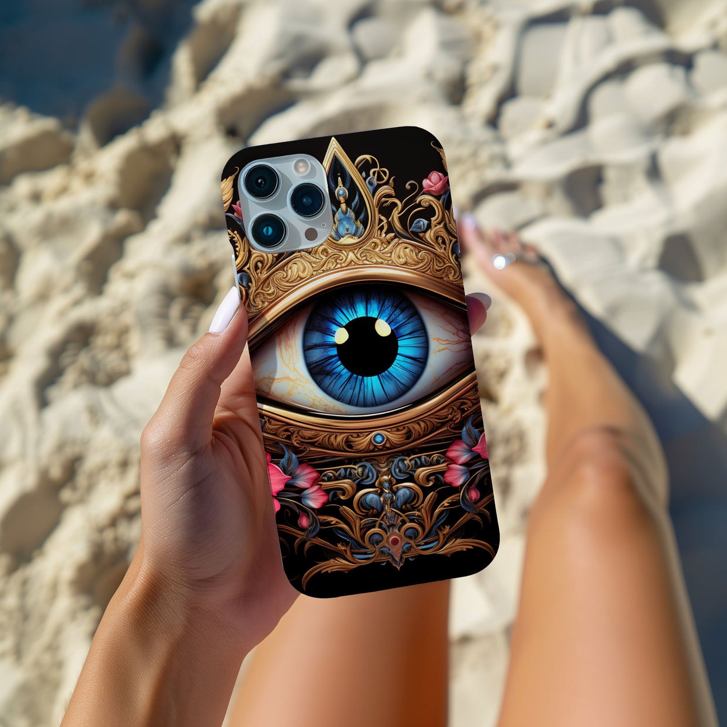 Ornate Eye Golden Crown, a Blue Iris and Pink Flowers - Techy Treasures -  