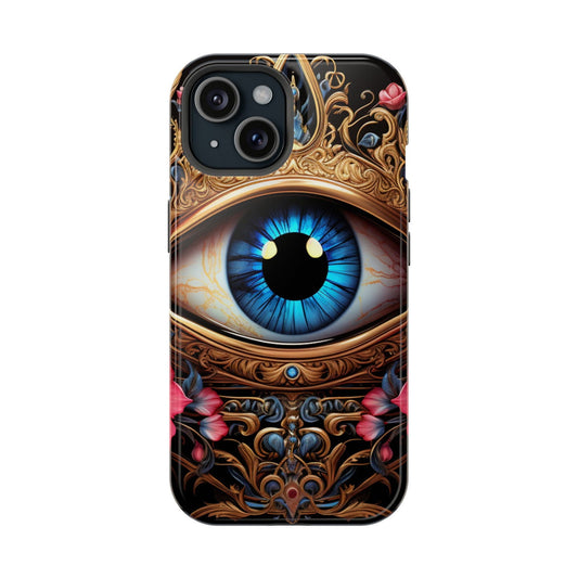 Ornate Eye Golden Crown, a Blue Iris and Pink Flowers - Techy Treasures - Mobile Phone Cases 
