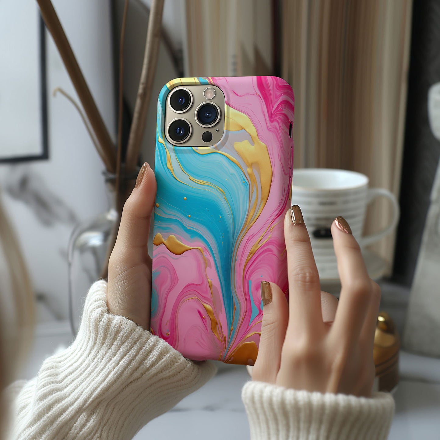 Pink, Blue And Gold Abstract Marble Magsafe iPhone Case - Techy Treasures -  