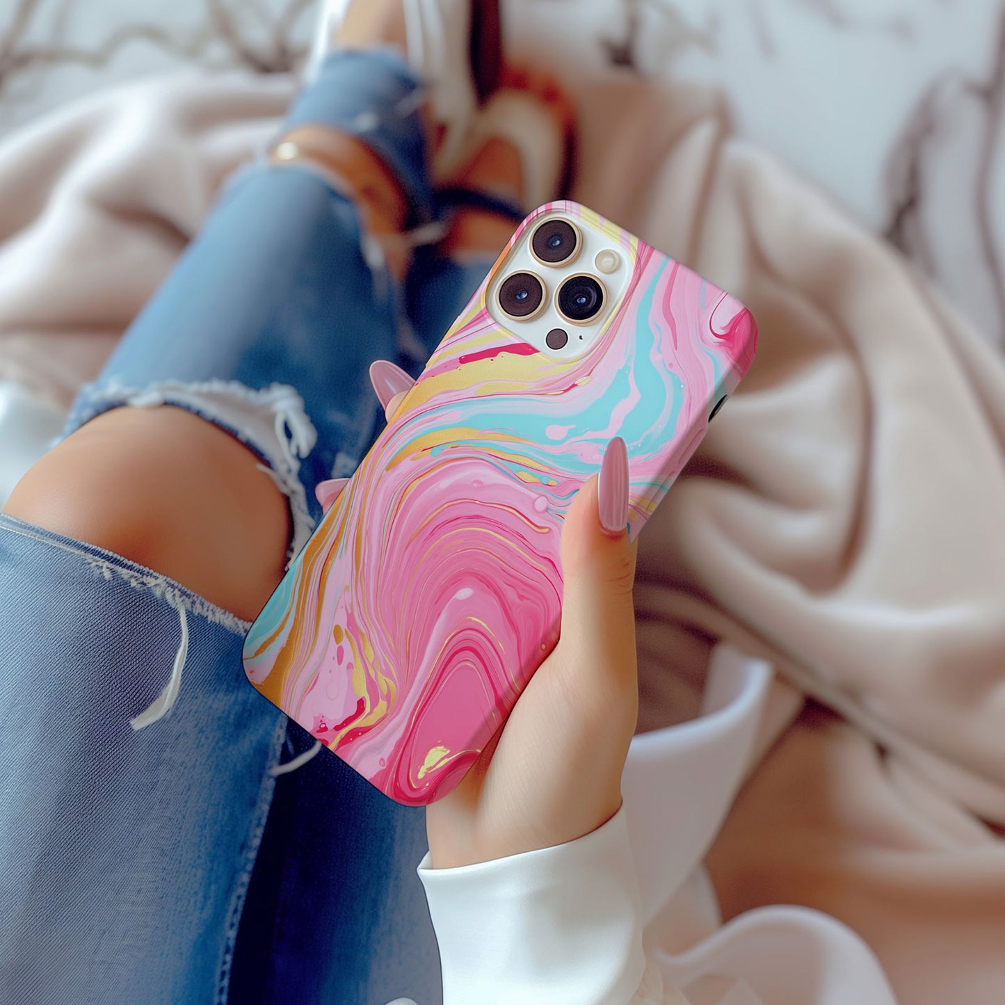 Pink, Blue And Gold Abstract Marble Magsafe iPhone Case - Techy Treasures -  