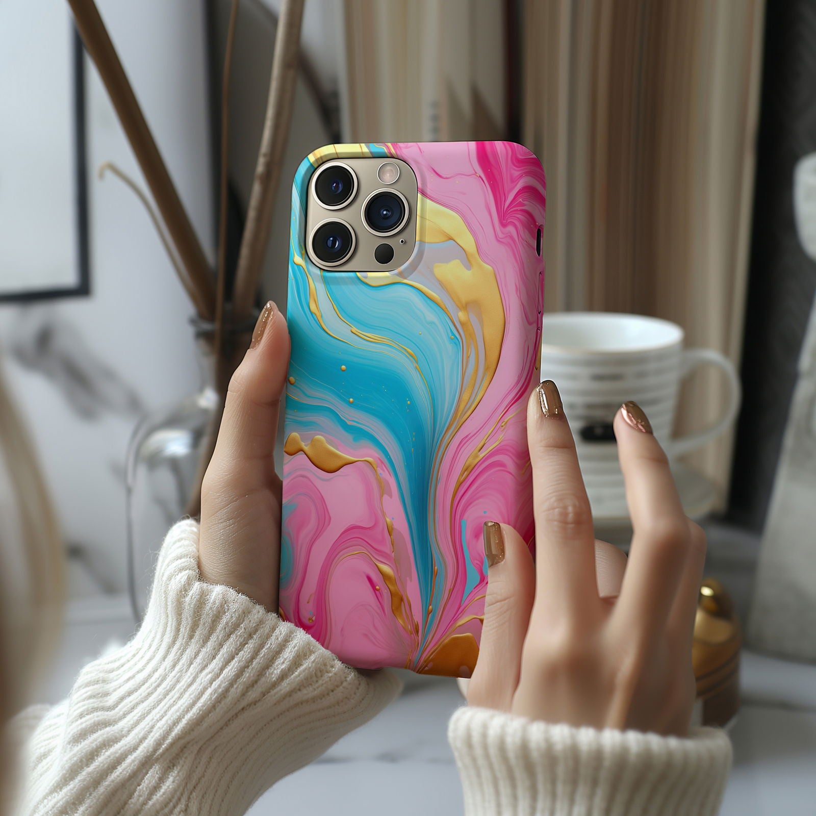 Pink, Blue And Gold Abstract Marble Magsafe iPhone Case - Techy Treasures - Mobile Phone Cases 