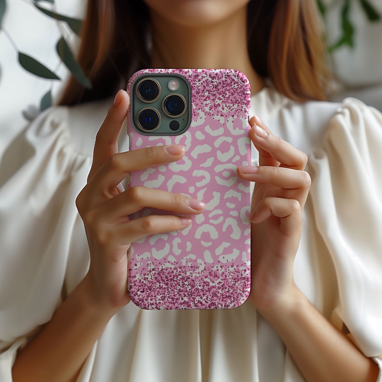 Pink and White Glittery Leopard Print Magsafe iPhone Case - Techy Treasures -  