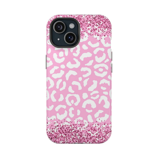 Pink and White Glittery Leopard Print Magsafe iPhone Case - Techy Treasures - Mobile Phone Cases 