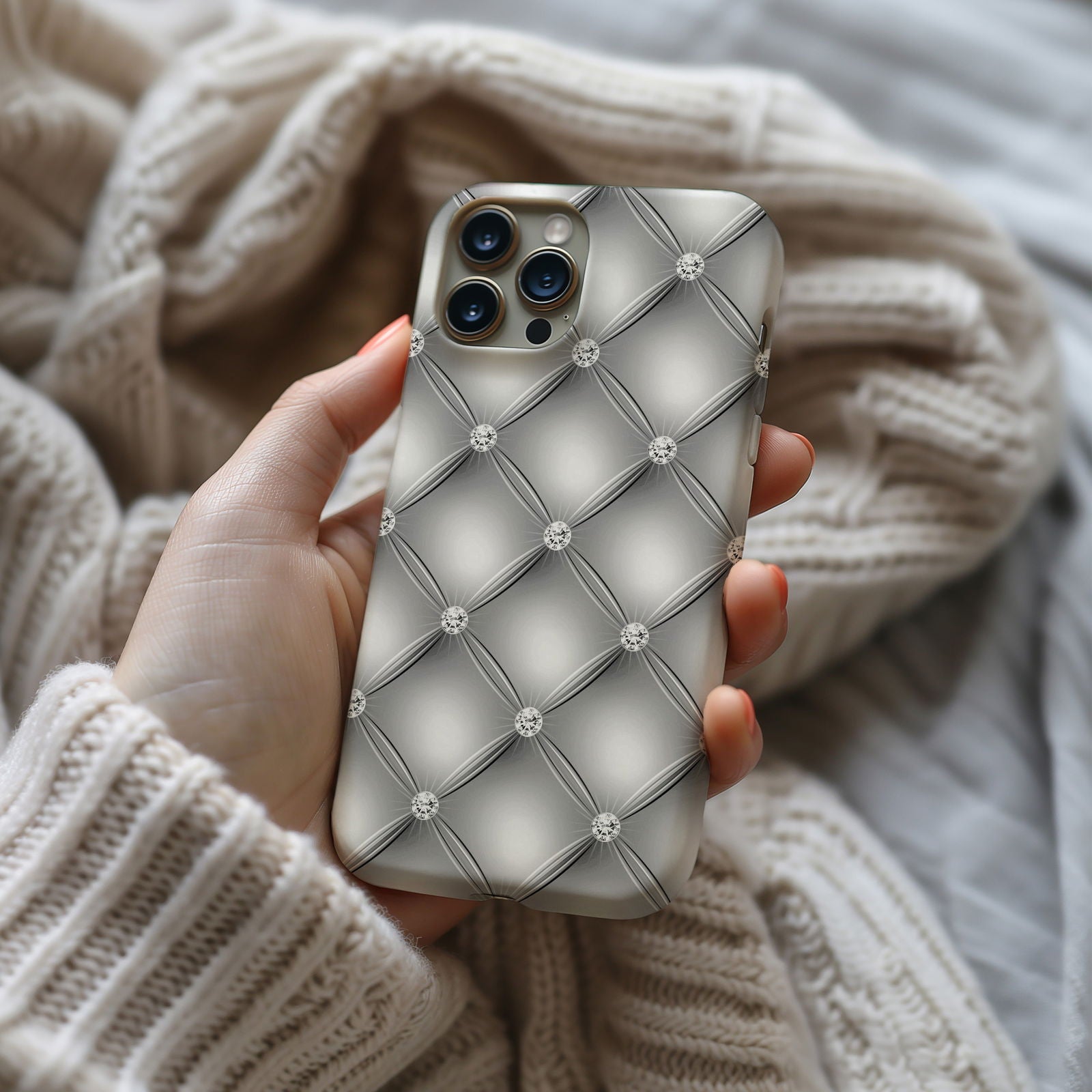 Silver Quilted Leather Magsafe iPhone Case - Techy Treasures -  
