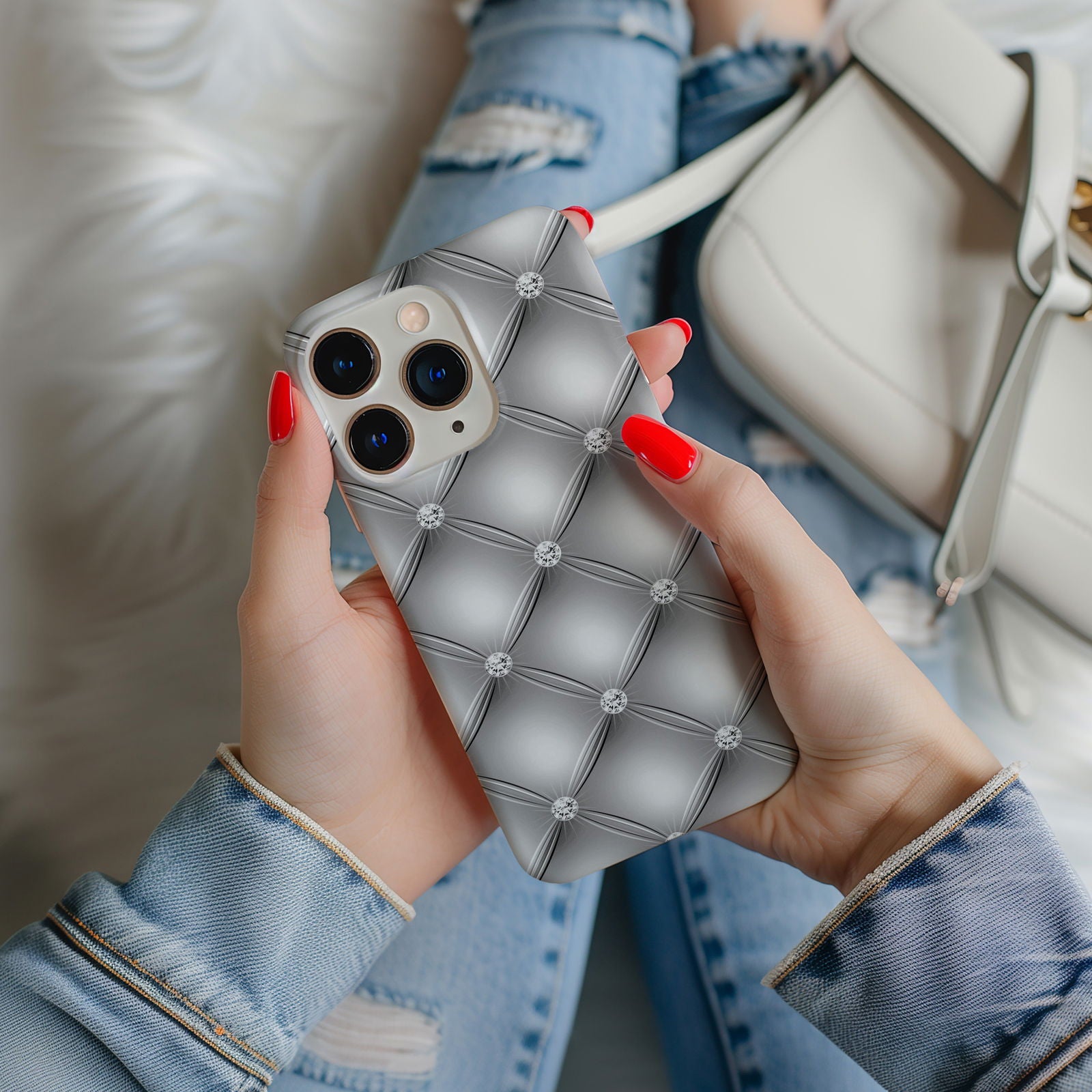 Silver Quilted Leather Magsafe iPhone Case - Techy Treasures -  