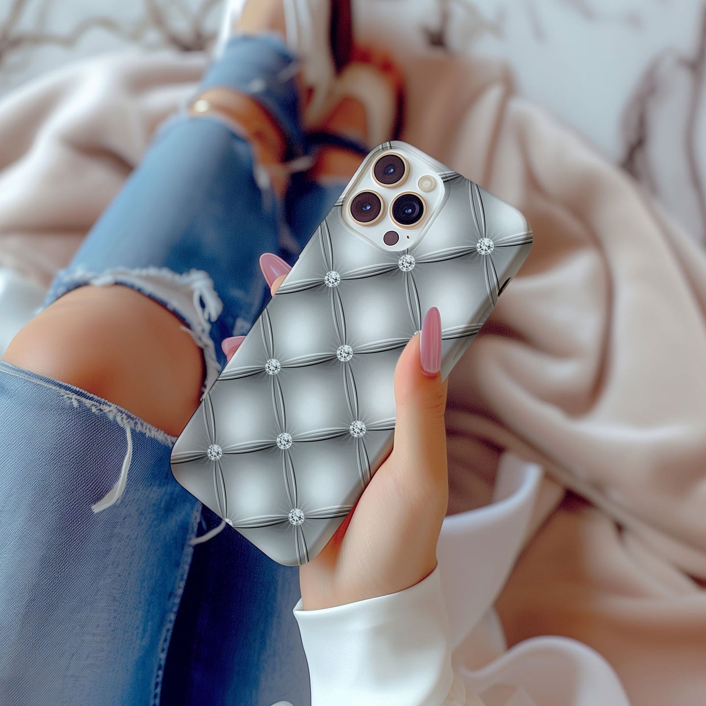 Silver Quilted Leather Magsafe iPhone Case - Techy Treasures -  